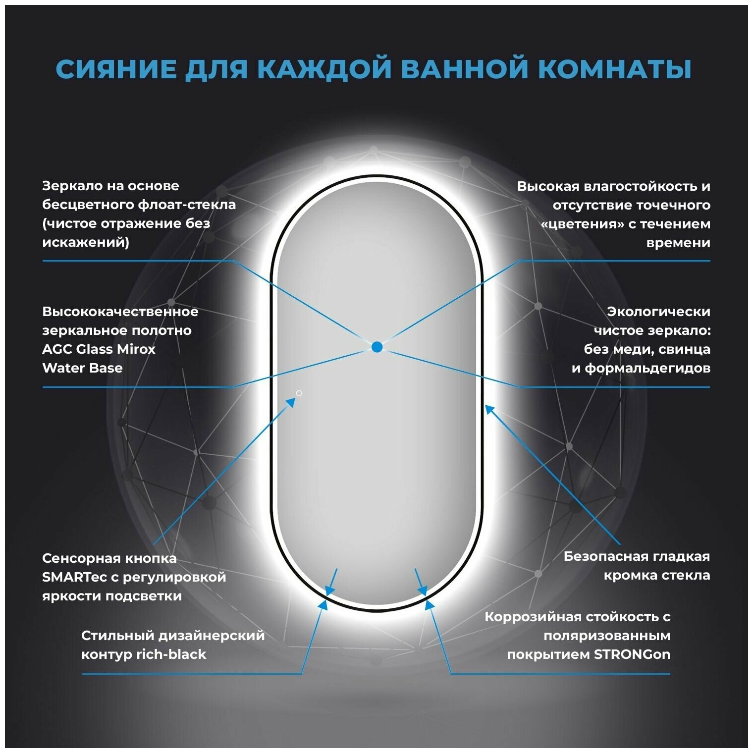 Настенное зеркало в ванную с подсветкой для макияжа Wellsee 7 Rays' Spectrum 172201620 : влагостойкое зеркало 55х100 см с черным матовым контуром - фотография № 3