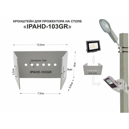 Кронштейн IPAHD-103GR для прожектора на столб под СИП-ленту, вылет 0,08м, зазор 75мм, серый