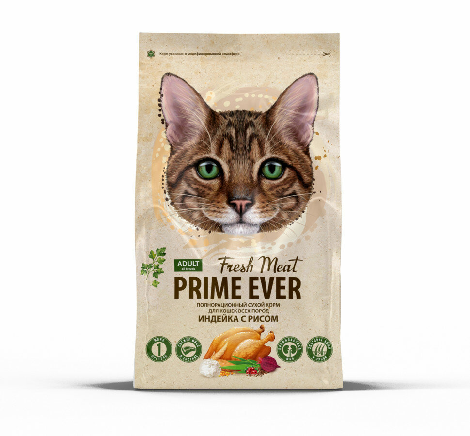 Prime Ever Fresh Meat Adult Cat сухой корм для взрослых кошек с индейкой и рисом - 370 г