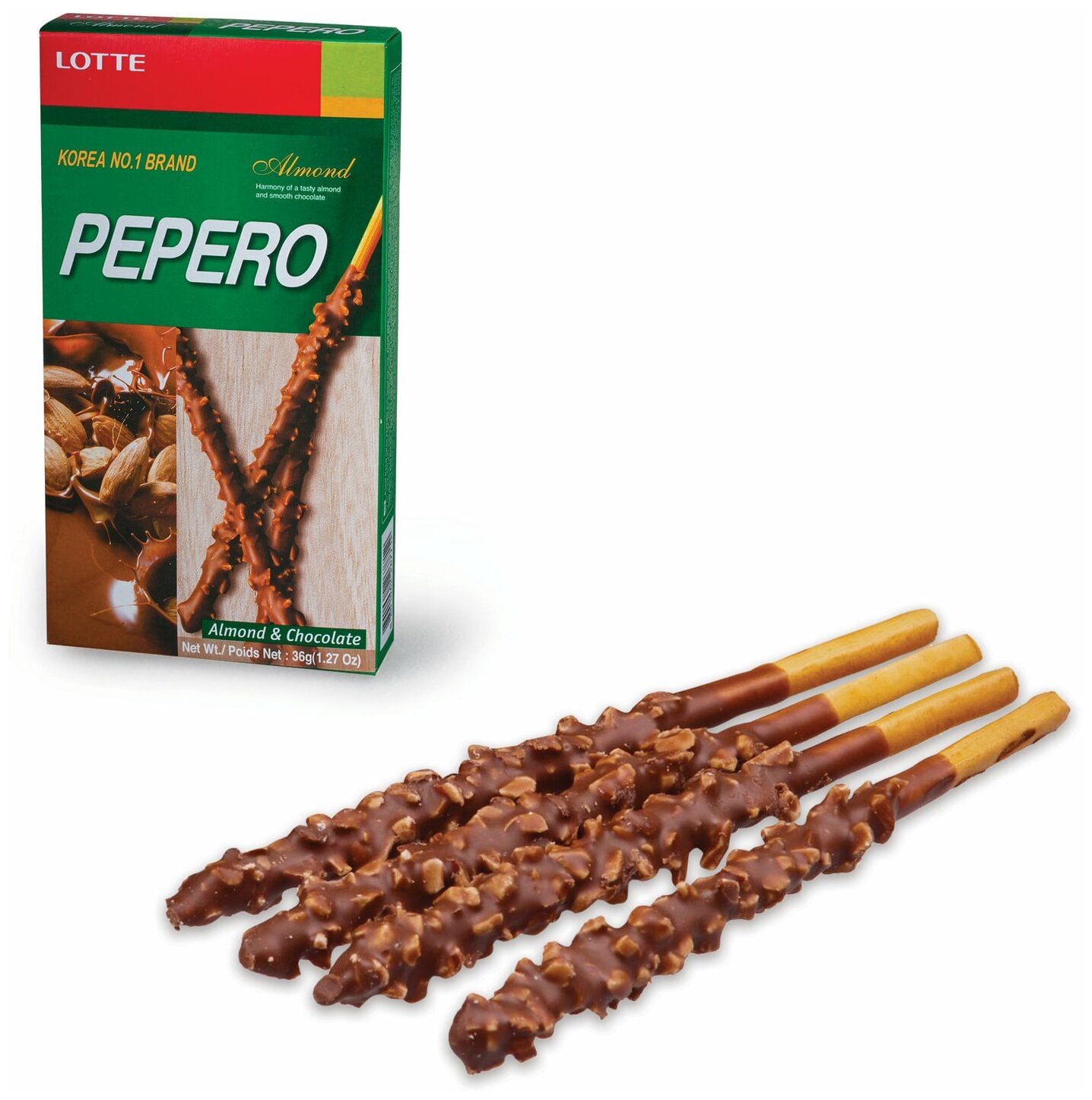 Печенье-соломка LOTTE "Pepero Almond", в шоколадной глазури с миндалем, в картонной упаковке, 36 г, Корея, 62004MO В комплекте: 8шт.