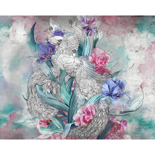 Моющиеся виниловые фотообои GrandPiK Павлины и ирисы живопись, 350х280 см