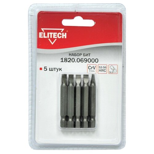 набор бит elitech 1820 069000 slotted sl 5 мм 5 шт Набор бит Elitech 1820.069000, Slotted (SL) 5 мм, 5 шт.