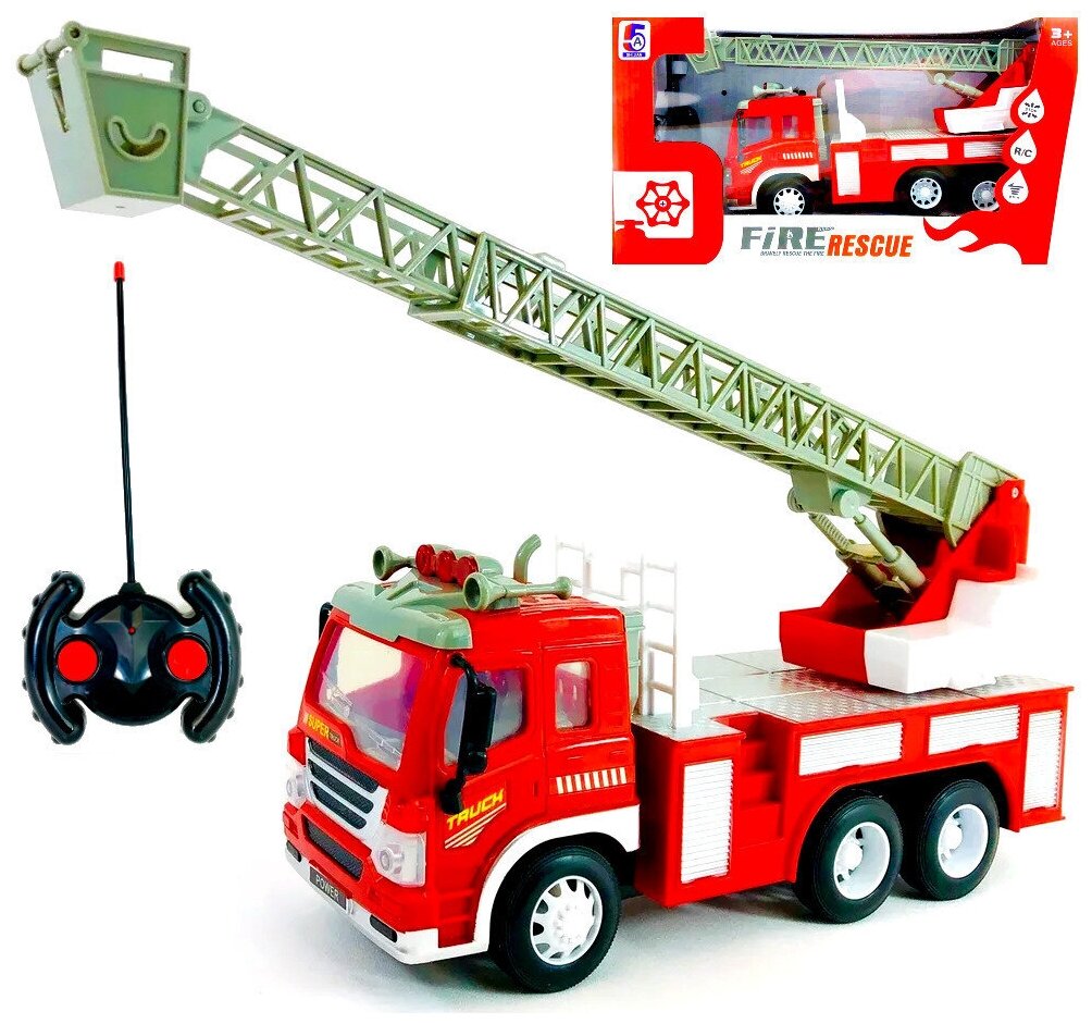 Радиоуправляемая пожарная машина 5A-454, светятся передние фары, выдвижная лестница, машина на пульте управления, аккумулятор, 26х15х10 см