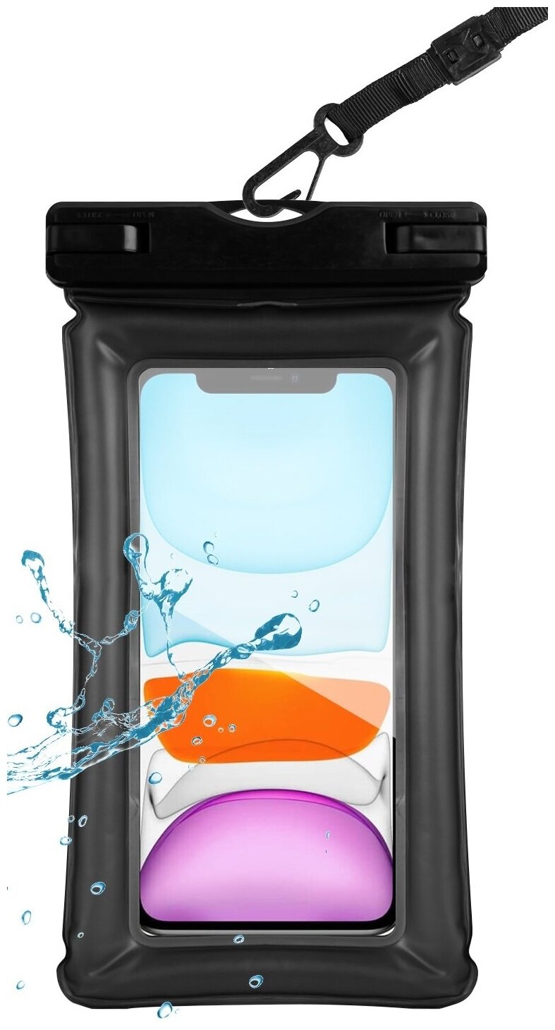 фото Универсальный водонепроницаемый чехол для телефона со шнурком / Непромокаемый влагоустойчивый чехол для смартфона и документов черный