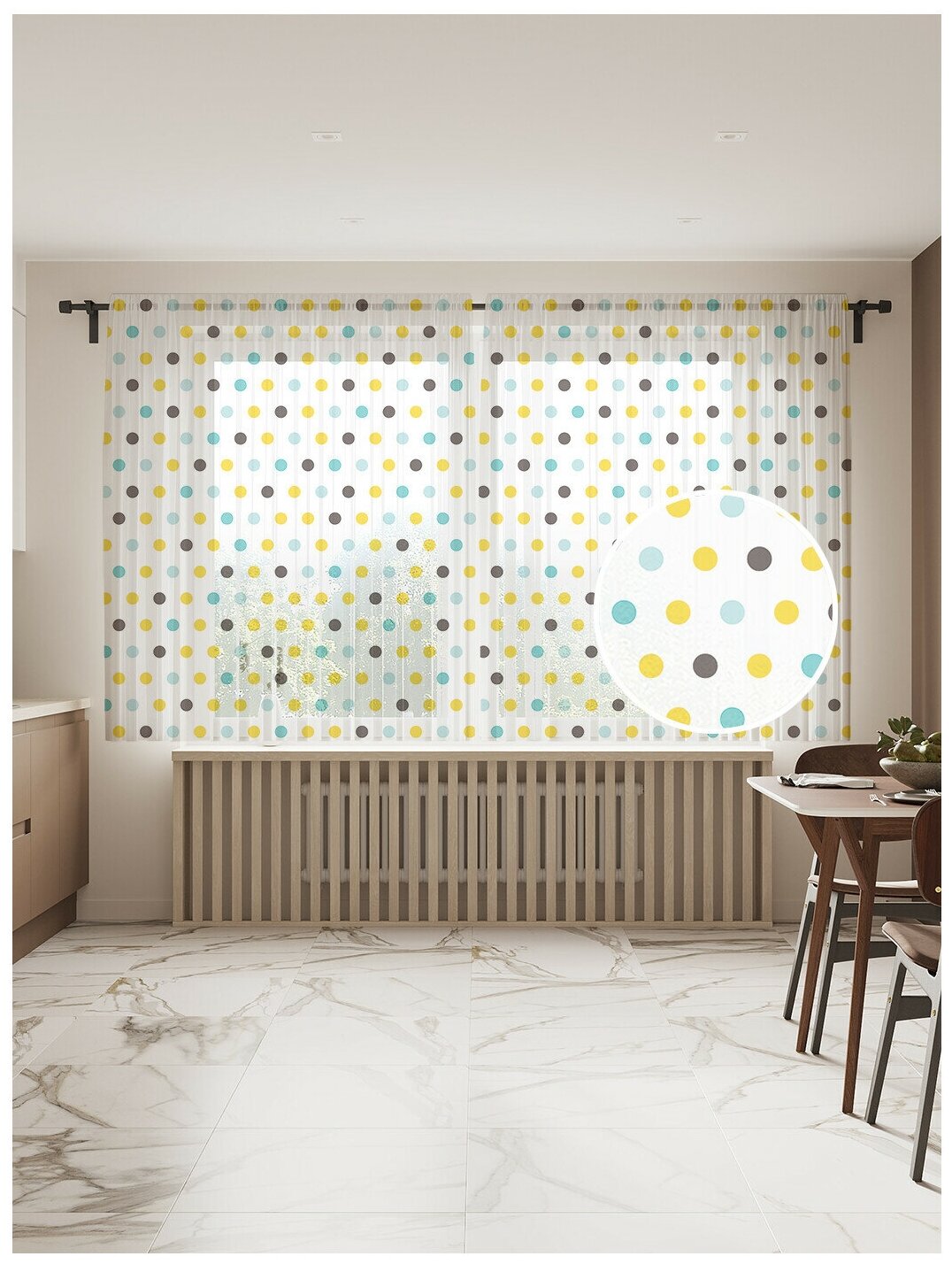 Тюль для кухни и спальни JoyArty "Цветные точки", 2 полотна со шторной лентой шириной по 145 см, высота 180 см. - фотография № 1