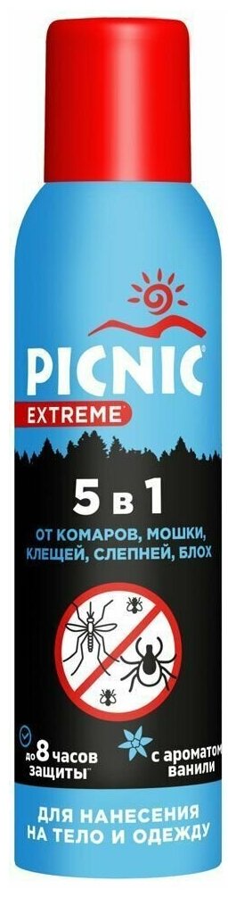 Picnic Extreme Аэрозоль 5 в 1 от Комаров, Мошки, Клещей, Слепней, Блох Т150мл