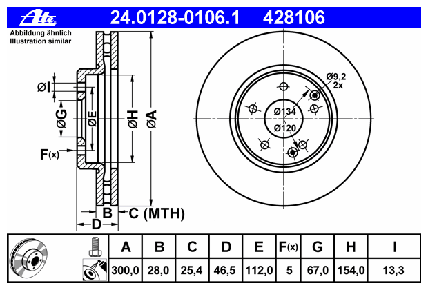 Комплект тормозных дисков передний ATE 24.0128-0106.1 для Mercedes-Benz C-class, Smart Roadster, Chrysler Crossfire (2 шт.)