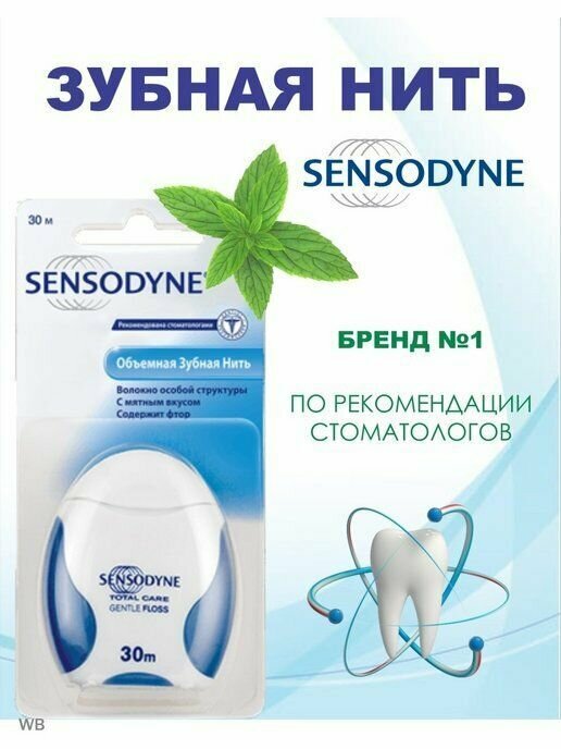 Sensodyne Сенсодин Зубная нить для чувствительных зубов, объемная, с мятным вкусом, 30 м, мягкая