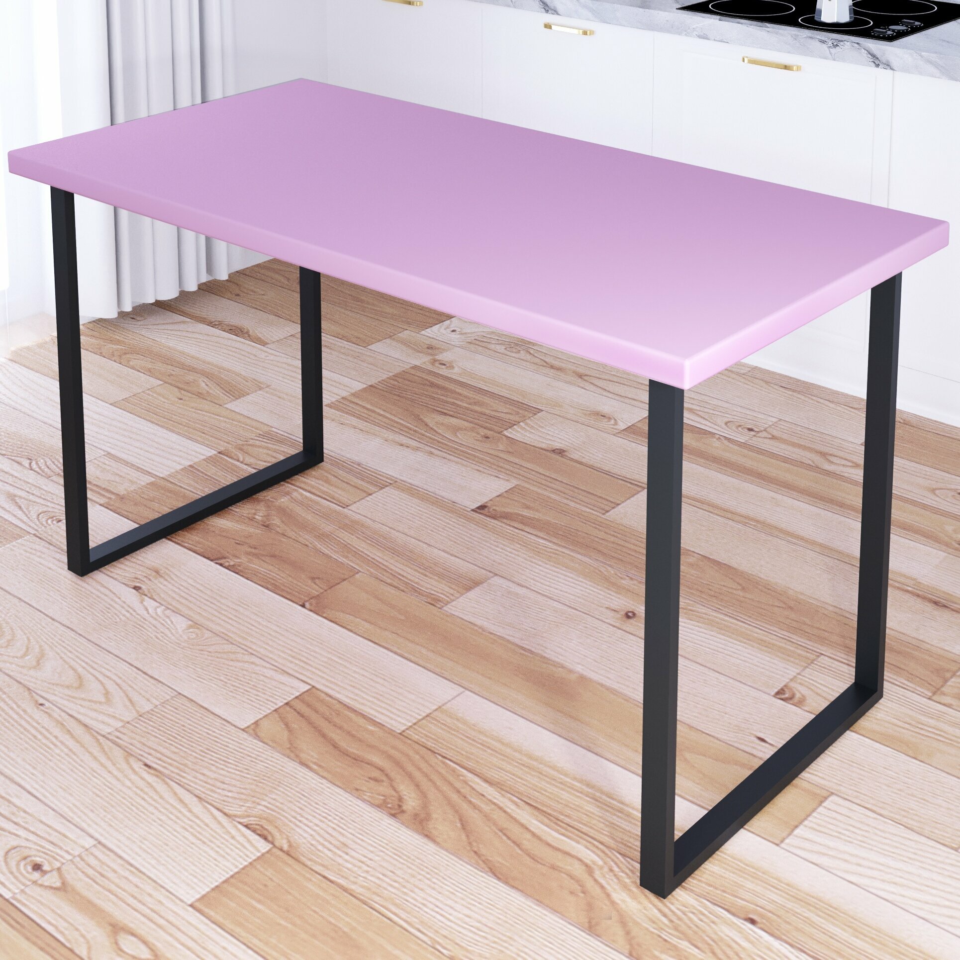 Стол кухонный Loft с розовой столешницей из массива сосны 40 мм и черными металлическими ножками, 140х80х75 см