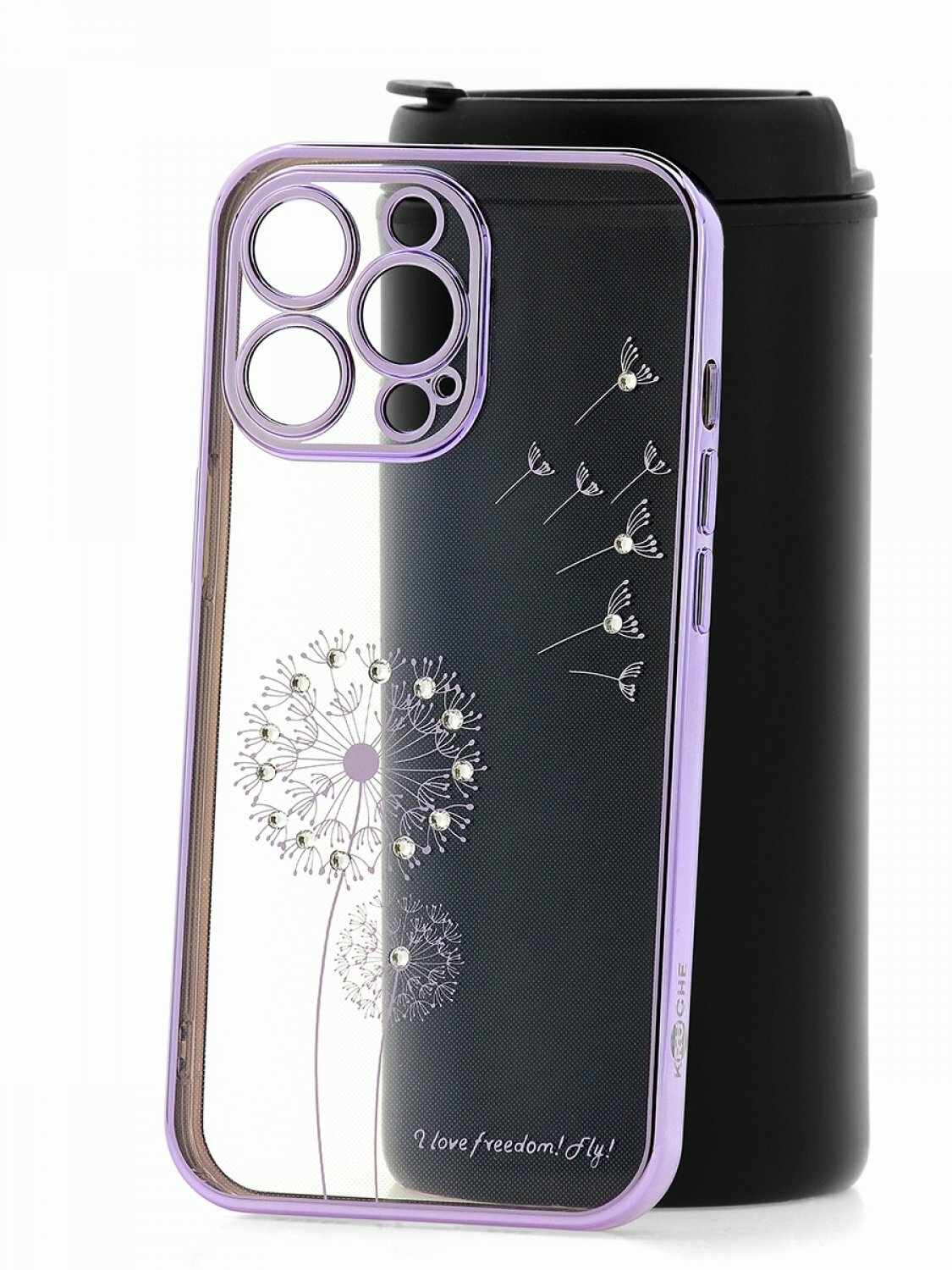 Силиконовый чехол для iPhone 13 Pro Kruche Flash drill Purple противоударный с защитой камеры прозрачный с рисунком и стразами Swarovski