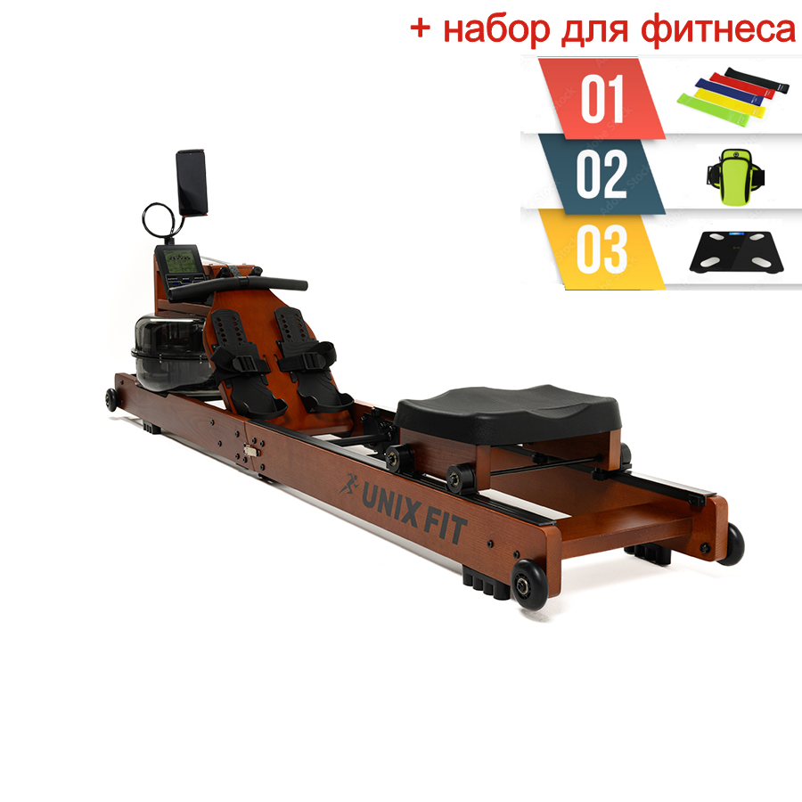 Гребной тренажер UNIX Fit Wood Rower Dark + набор для фитнеса