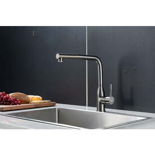 фото Смеситель для кухни frap f6096-9 с выдвижным изливом, оружейная сталь