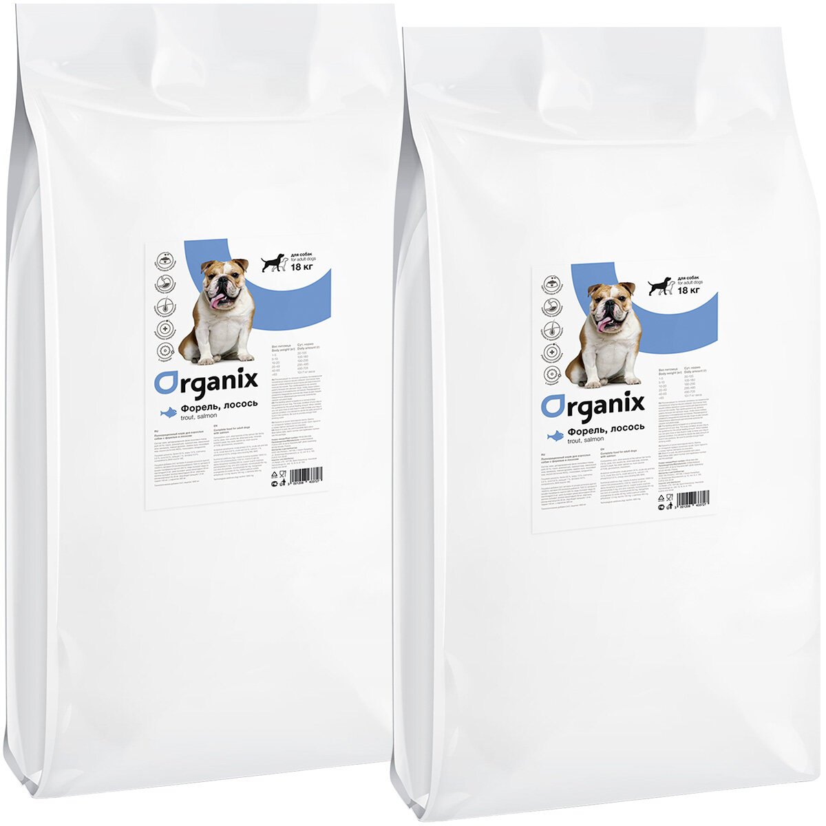 ORGANIX ADULT DOG SALMON & TROUT для взрослых собак с форелью и лососем (18 + 18 кг)