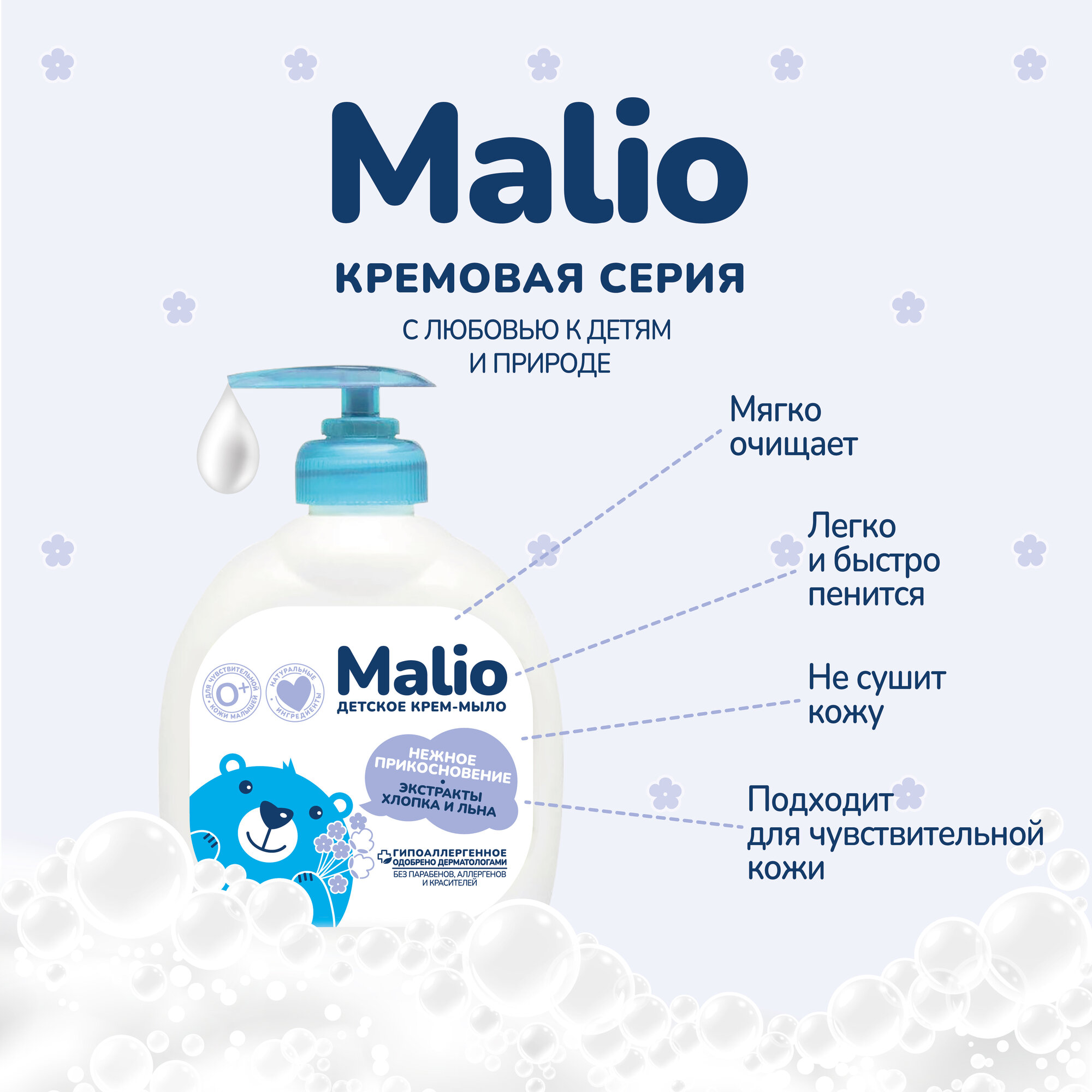 Мыло Детское Жидкое мыло Малио, крем-мыло детское, набор, 900 гр (3х300гр), 1 шт.