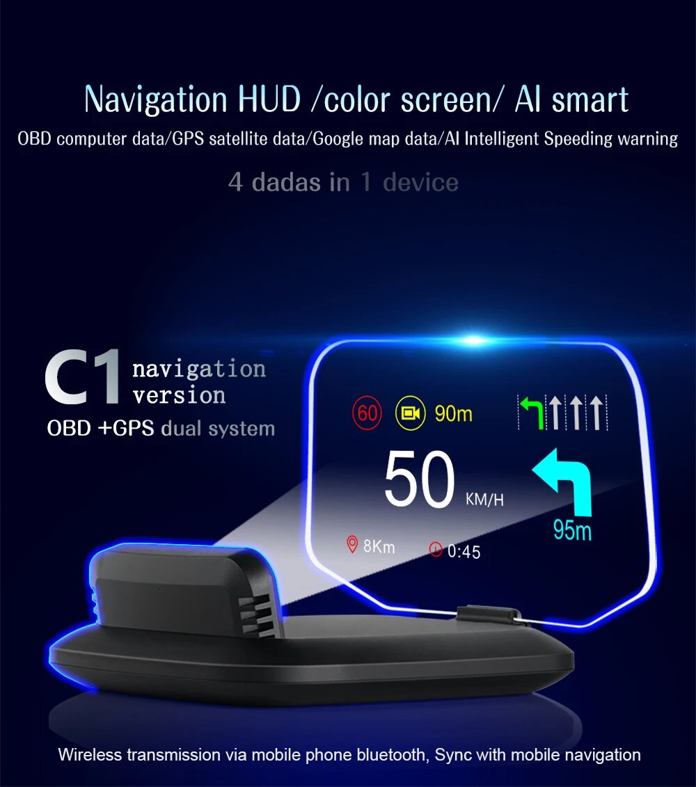 HUD Навигационный проекционный дисплей OBD2 + GPS Цифровой спондометр Вода Масло Температура Об/мин Турбо-пресс Дисплей Проекция лобового стекла — фото 1
