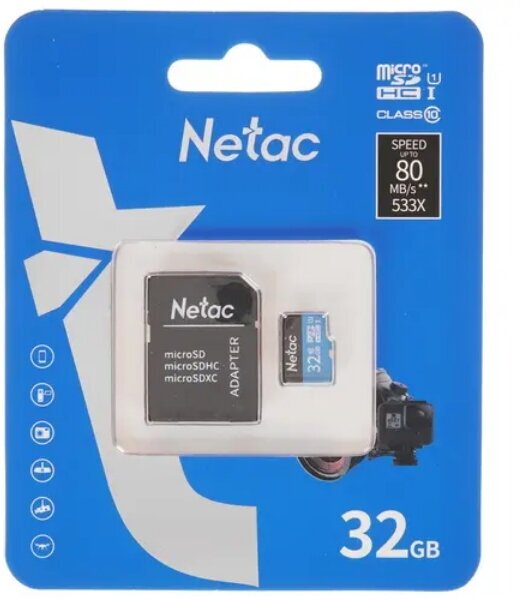 Карты памяти PNY Карта памяти Netac microSDHC 32 ГБ Class 10, UHS Class 1, R 80 МБ/с, адаптер на SD