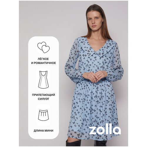 фото Платье zolla, шифон, в классическом стиле, прилегающее, мини, подкладка, размер xs, голубой