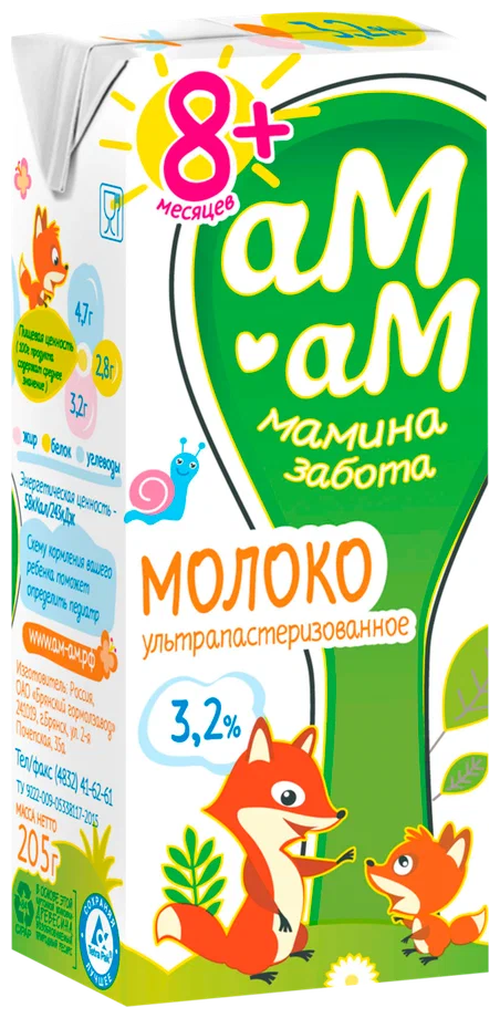 Молоко АМ-АМ мамина забота Ультрапастеризованное с 8 месяцев 3.2% 0.2 л 205 г