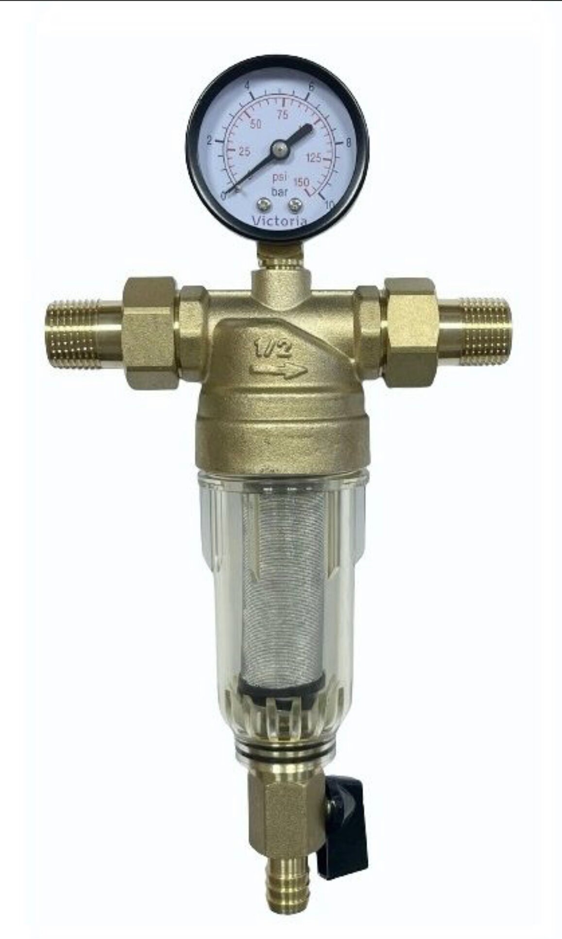 Фильтр с манометром, промывной для холодной воды 1/2" (тонкая очистка) Victoria 27-701