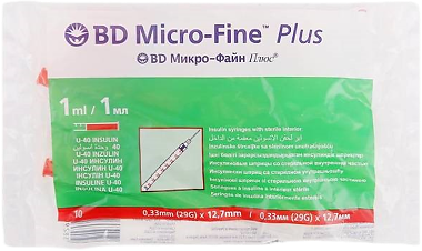 Шприц BECTON Micro-Fine Plus инсул U40 1мл (0,33x12,7мм/29G) N10