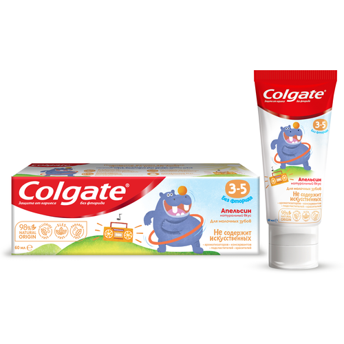 Зубная паста детская Colgate 3-5, защита от кариеса, без фторида, для детей от 3 до 5 лет, со вкусом апельсина, 60 мл