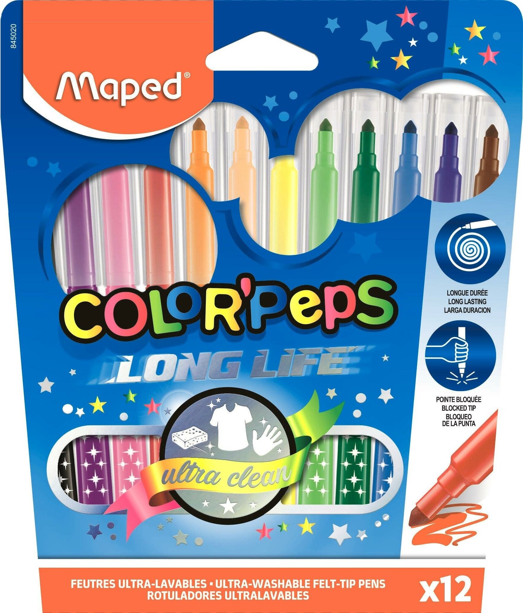 Фломастеры Maped COLOR'PEPS LONG LIFE,3хгр. пиш. узел, смываем,12цв/наб,845020