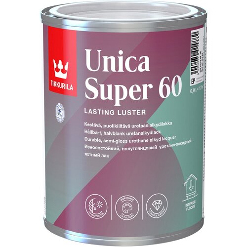 Лак уретано-алкидный полуглянцевый Unica Super 60 (Уника Супер 60) TIKKURILA 0,9 л (база EP) лак уретано алкидный полуглянцевый unica super 60 уника супер 60 tikkurila 0 9 л база ep