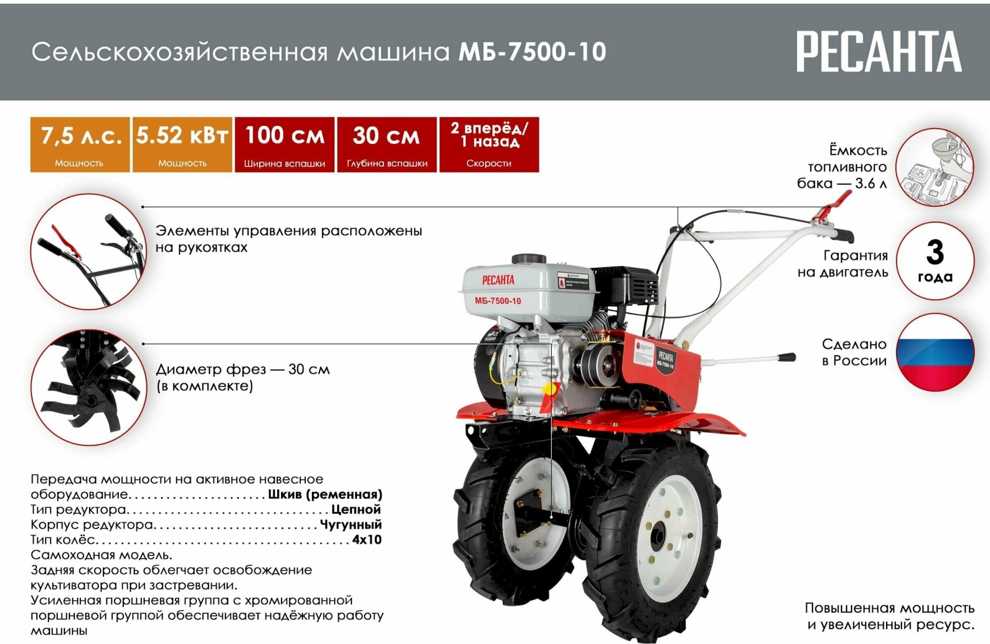 Мотоблок МБ-7500P-10 Ресанта