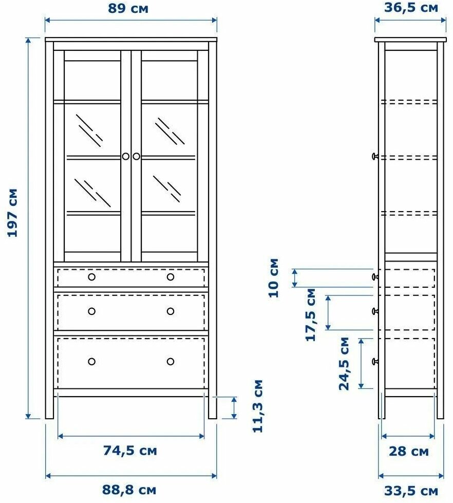 Шкаф для посуды Хемнэс (HEMNES), 89х197 см, 2 двери и 3 ящика, массив сосны, Белый лак - фотография № 4