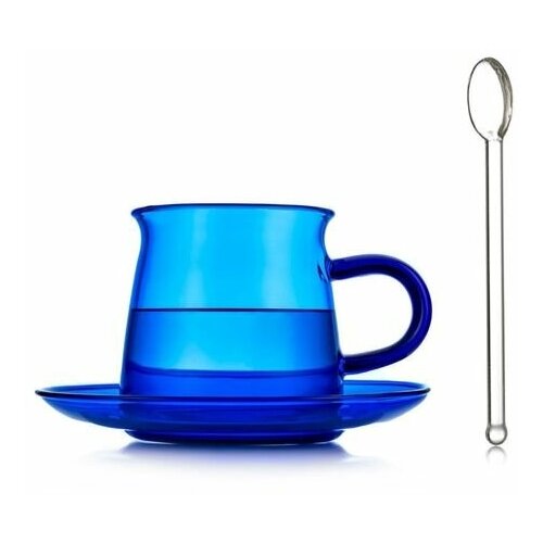 Стеклянная чашка синего цвета с блюдцем и ложкой, 200 мл