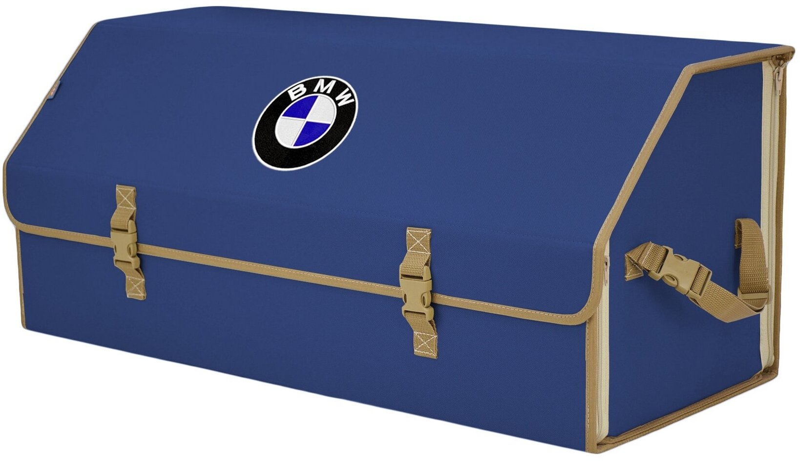 Органайзер-саквояж в багажник "Союз" (размер XXL). Цвет: синий с бежевой окантовкой и вышивкой BMW (БМВ).