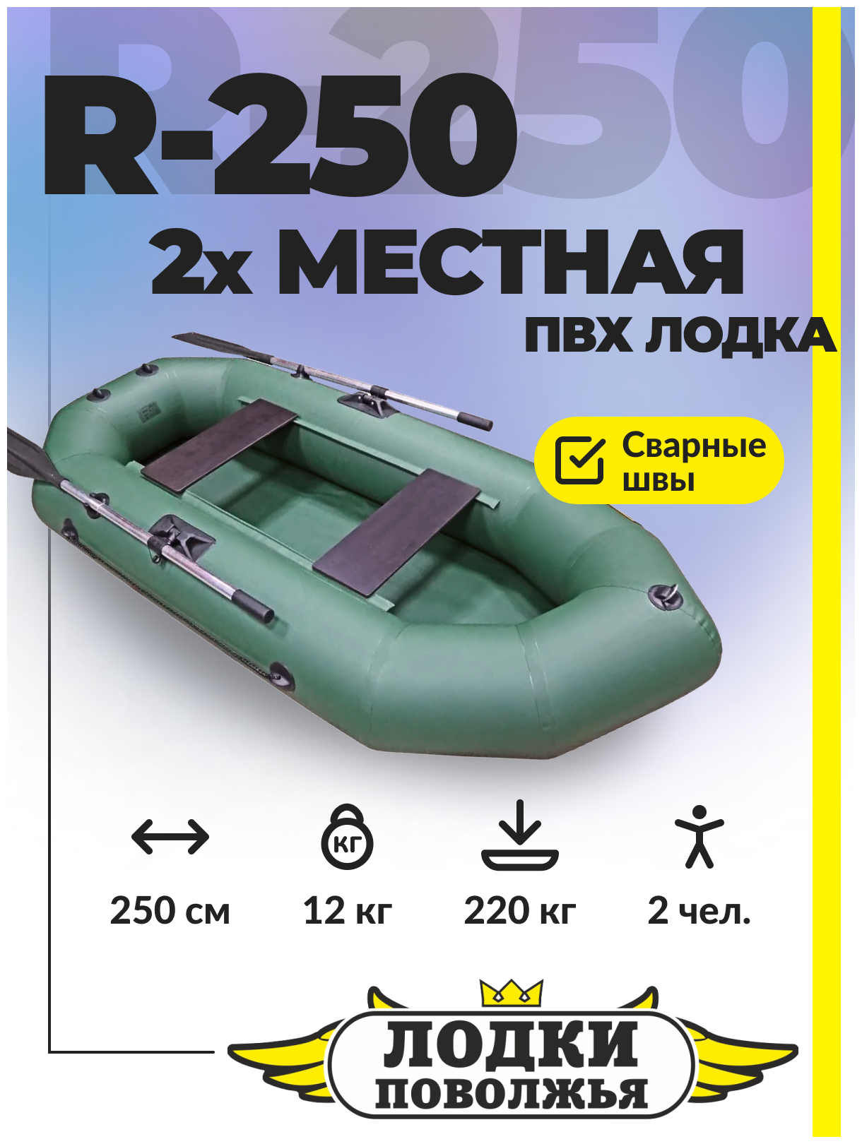 Лодка ПВХ Лодки Поволжья R-250 надувная под мотор двухместная для рыбалки, зелёная