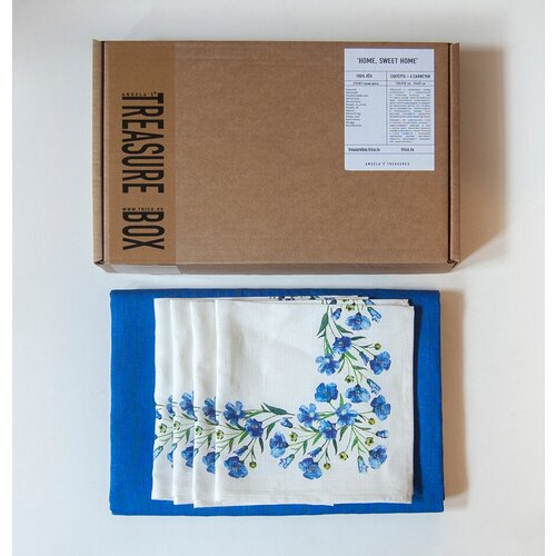 Набор: льняная скатерть 150 x 250 см и 4 салфетки 42 х 42 см, в подарочной коробке крафт, ID: 520/017