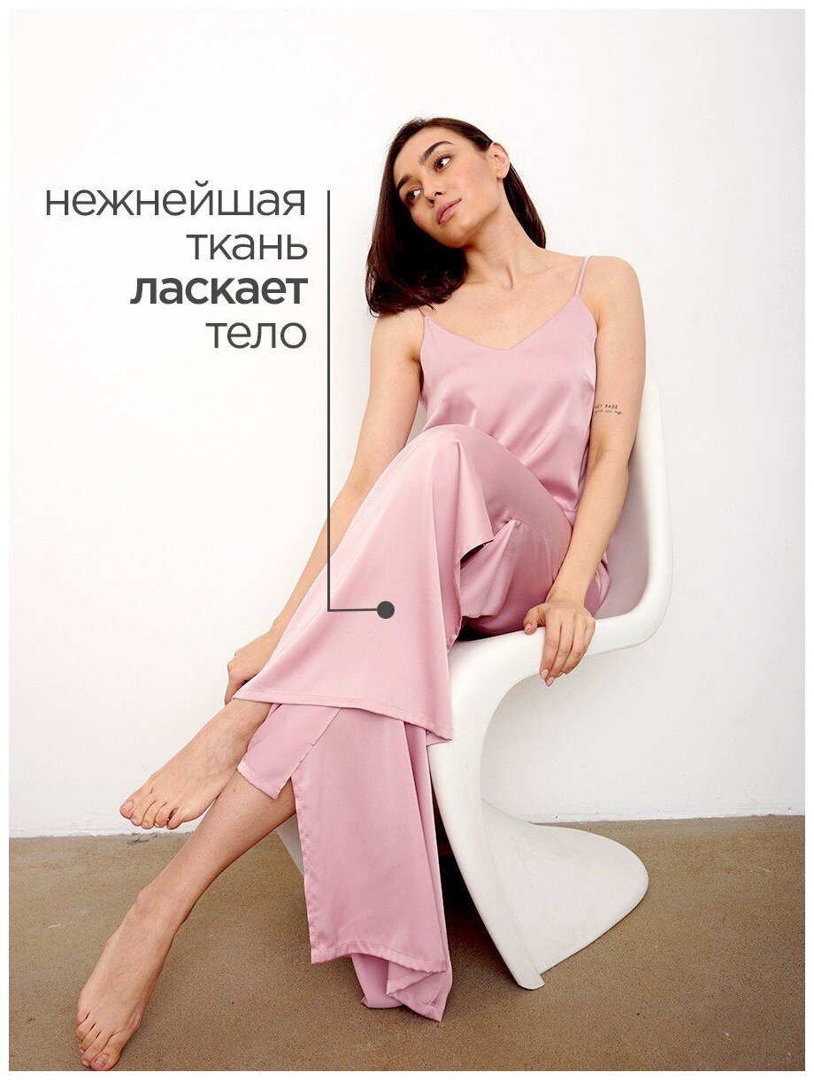 Пижама женская шелковая с брюками и топом больших размеров розовая - фотография № 7
