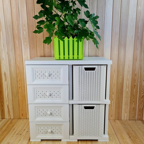 Тумба-комод пластиковая с усиленными рёбрами жёсткости УЮТ 4 этажа 2 корзины Цвет Бежевый с бежевыми плетёными корзинами 15600₽