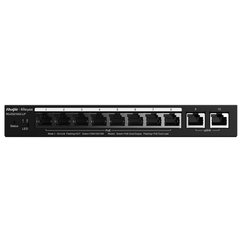 Коммутатор Reyee 10-Port Gigabit Smart POE Switch, 8 PoE/POE+ Ports with 2 Gigabit RJ45 uplink ports, 70W PoE power budget, Desktop Steel Case (RG-ES210GC-LP)