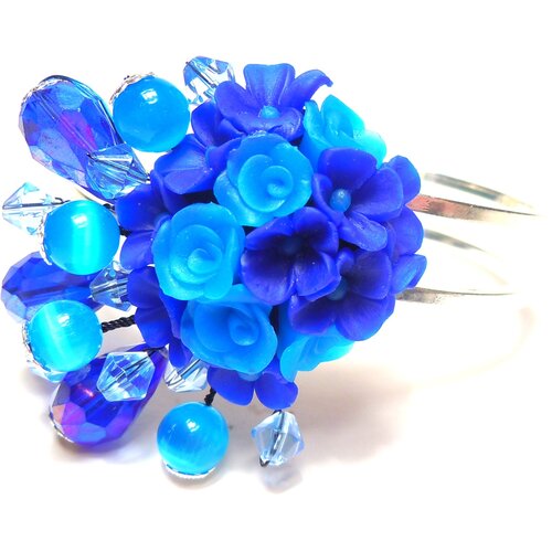 фото Женский браслет-клампер с цветами из полимерной глины и стеклянными бусинами, синий gulnara