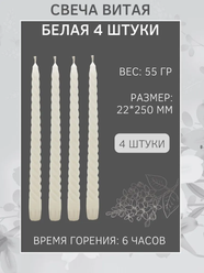 Свеча Витая/Столбик/Хозяйственная/Столовая 22х250 мм, белая, 6 ч., 4 штуки