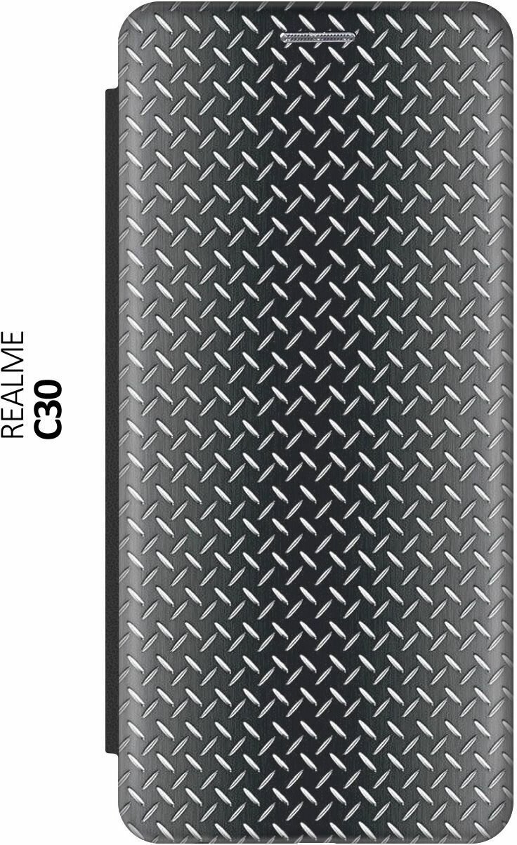 Чехол-книжка на realme C30, Рилми С30 c принтом "Металлическая пластина" черный