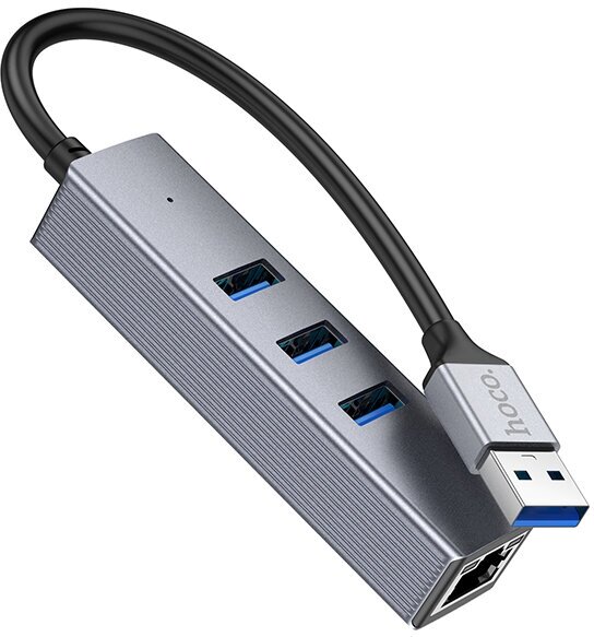 USB Хаб (HB34) c 1 USB на 3 USB 3.0+RJ45, HOCO, металлический серый