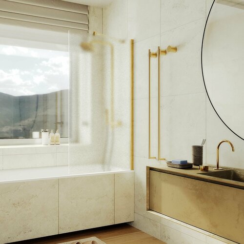 Стеклянная шторка на ванну 1400Х900, широкий профиль золото матовое, стекло сатин