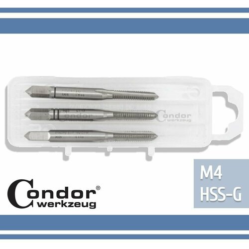Метчики М4 ручные для нарезания резьбы по металлу HSSG DIN 352 6H набор (3 шт) для глухих и сквозных отверстий арт. 155-4 Condor Werkzeug