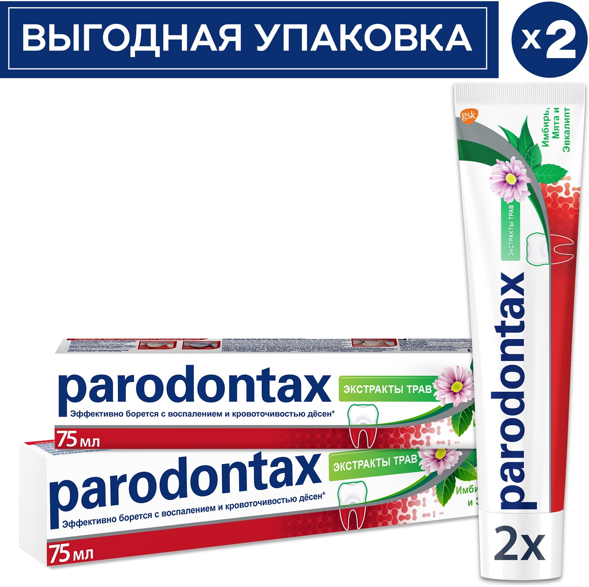 Зубная паста parodontax Экстракты Трав от кровоточивости десен для удаления зубного налета с фтором и экстрактами мяты и эвкалипта, 75мл*2шт