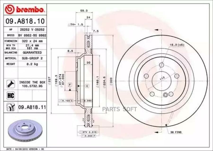 BREMBO 09. A818.11 Диск тормозной задний с покрытием MB S-class C216/W221/W/V/X/222 SL-R230 BREMBO 09. A818.11
