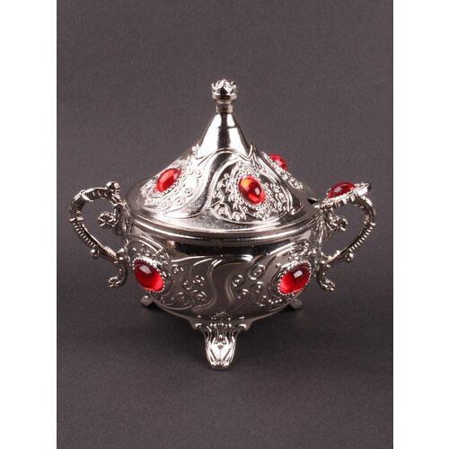 Сахарница с ложкой и крышкой серебряная с красными камнями 3685₽
