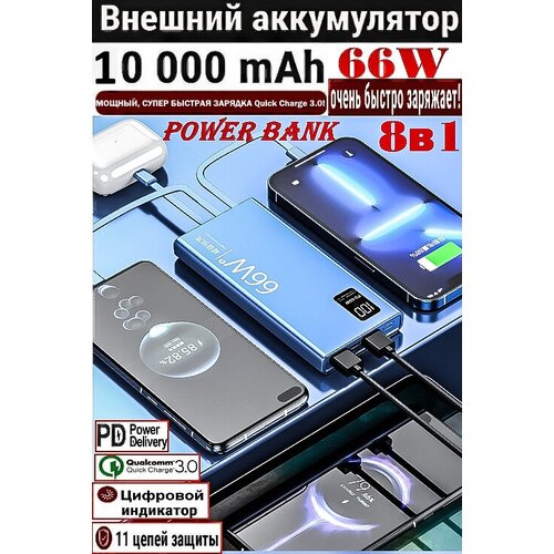 Повербанк внешний аккумулятор 10000mAh 66W 8в1 мощный Power Bank со сверх быстрой зарядкой PD20WQC304 встроенных кабеля iPhone и Android2USBTypeC 400000₽