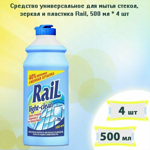 Средство универсальное для мытья стекол, зеркал и пластика Rail, запасной блок, 500мл х 4шт