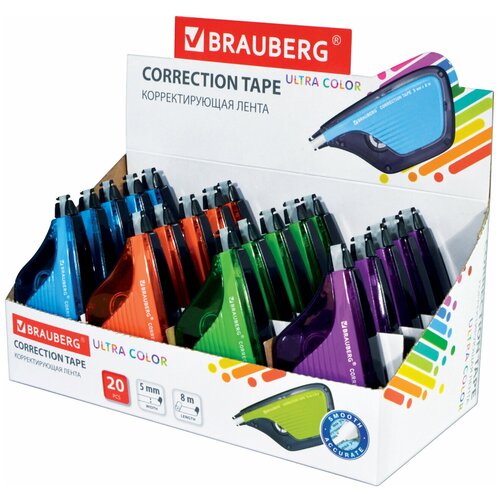 Корректирующая лента Brauberg Ultra Color, 5мм х 8м, корпус цветной, дисплей, 20шт. (229065)