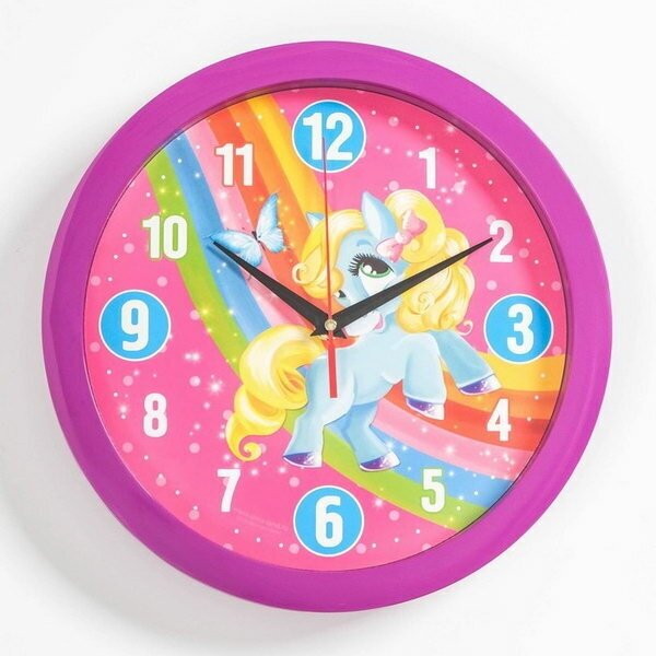 Часы настенные, d-28 см, детские, "Пони", дискретный ход, фиолетовый обод