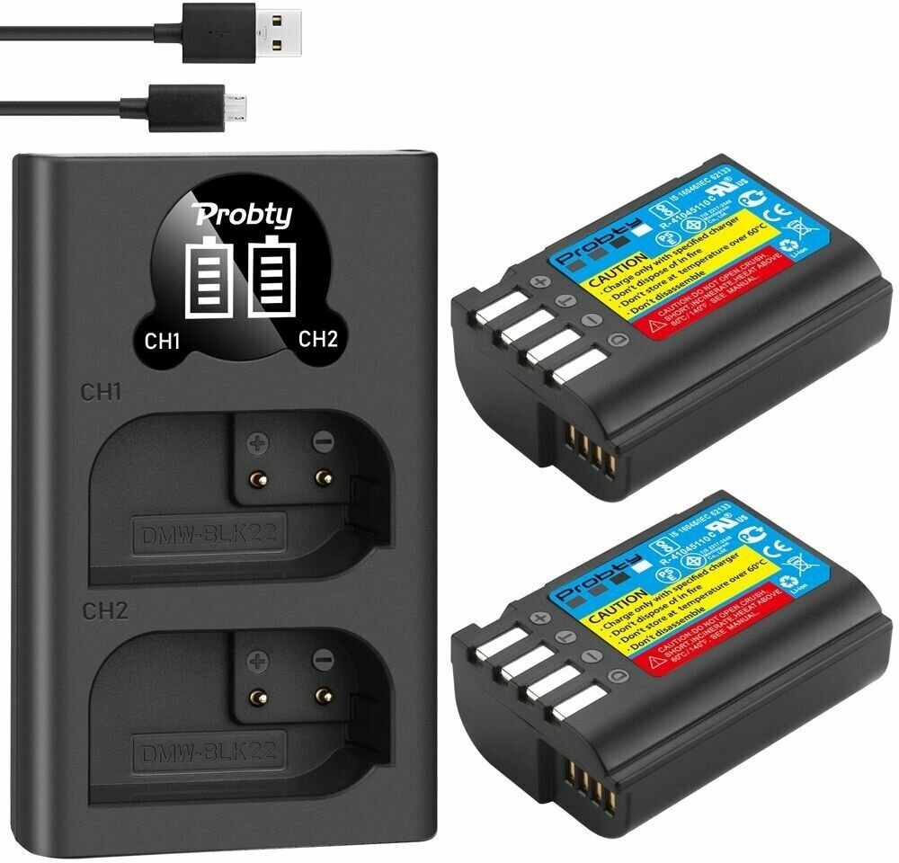 2 аккумулятора DMW-BLK22 + двойное зарядное устройство для для Panasonic Lumix DC-S5 GH5 Батарея